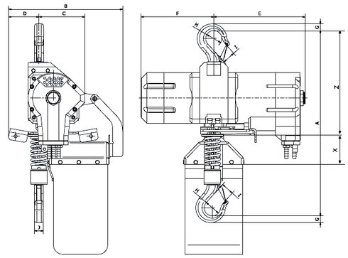 The air chain hoist RED ROOSTER TCS-500 and TCS-980 measurements.